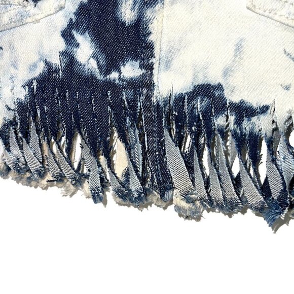 Habitual Tie Dye Mini Skirt Womens Size 25 Denim Fringe Cotton Blue Made In USA - Picture 8 of 11